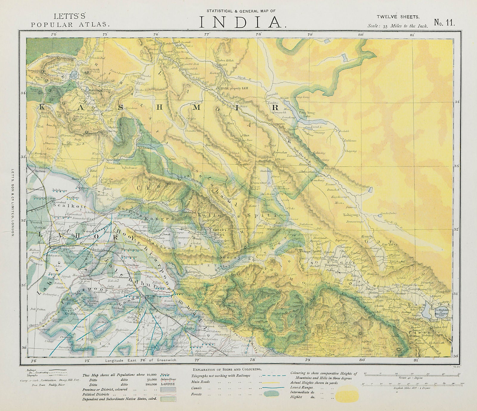 JAMMU & KASHMIR. Ladakh Leh Amritsar Lahore Himalayas. Railways. LETTS 1884 map